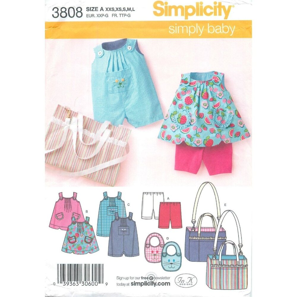 Simplicity Sewing Pattern 3808 Babies Top Romper Bib Diaper Bag Shorts XXS-L